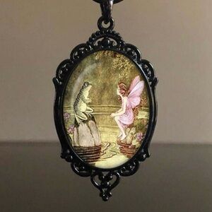 Gothcore Fairy & Frog Pendant in Black Frame Necklace Coquette Girl